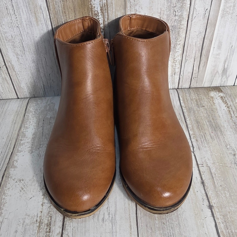 Kids Tan Faux Leather Ankle Boots Side Zip Almond Toe Brown Booties Size 12